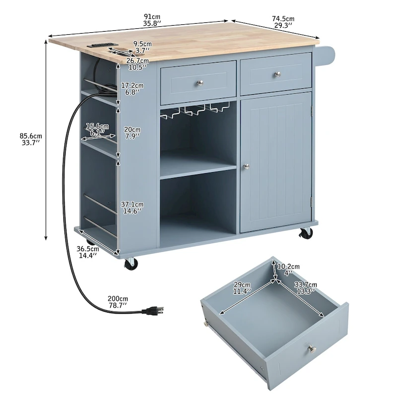 Adjustable Shelves Kitchen Island with Power Outlet and Drop Leaf