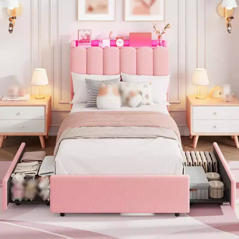 Twin Size Bed Frame with Storage Headboard, Upholstered Platform Bed Frame with 2 Drawers, Wooden Slats Support, No Box Spring Required