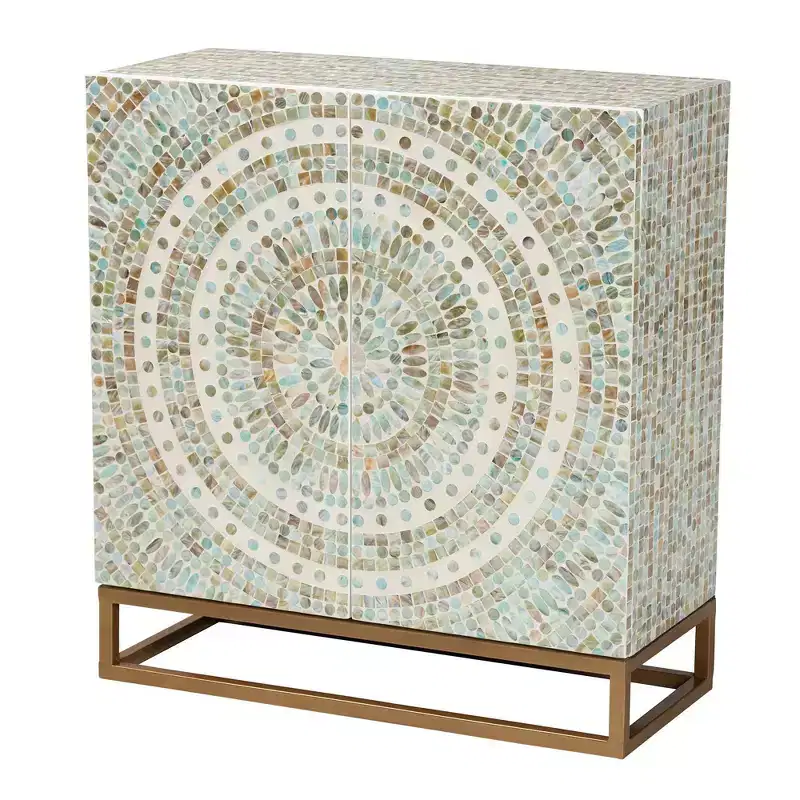 Baxton Studio Quintus Mother of Pearl and Metal Storage Cabinet Mosaic/White/Gold: Elegant Accent, Fixed Shelves, No Assembly Required