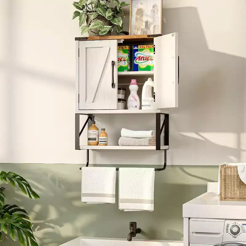 VINGLI Bathroom Wall Cabinet with Tower Bar Farmhouse Small Cute Medicine Cabinet Over Toilet Storage Organizer with Tower BarRustic White & Brown