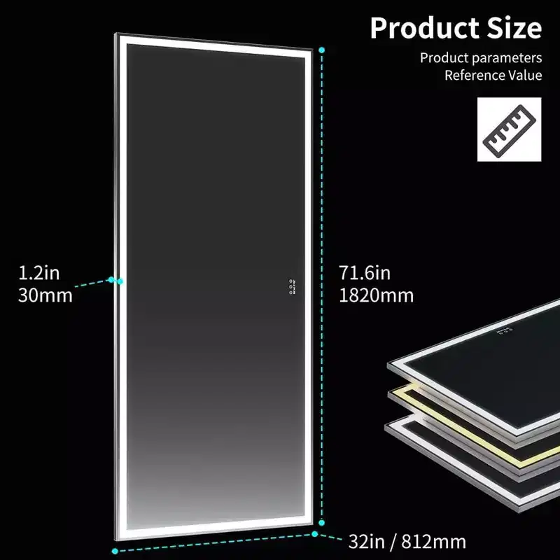 72x32 LED Bathroom Mirror, Wall Mounted Aluminum Frame Mirror, Touch Control, Dimmable Waterproof Design, Perfect for Bathroom