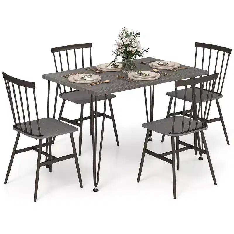 Costway 5PCS Dining Table Set for 4 Rectangular Kitchen Table & 4 Chairs w/ Metal Frame Grey Oak