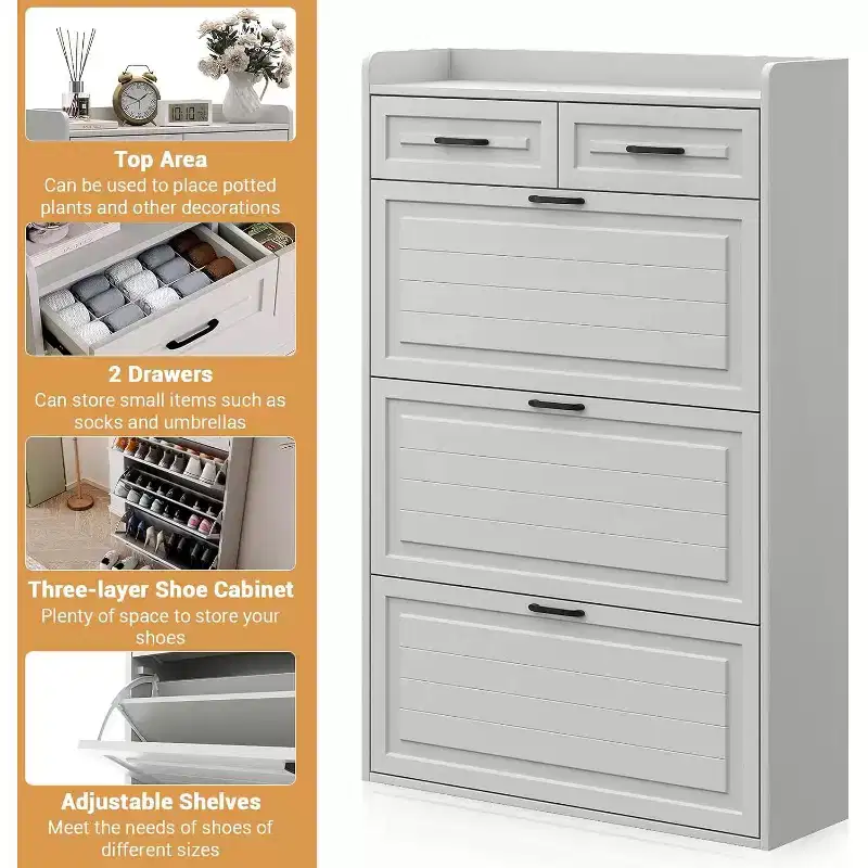 Shoe Cabinet with 3 Flip Drawers and 2 Storage Drawers, Narrow Space-Saving Shoe Organizer with Adjustable Shelves for Entryway, White