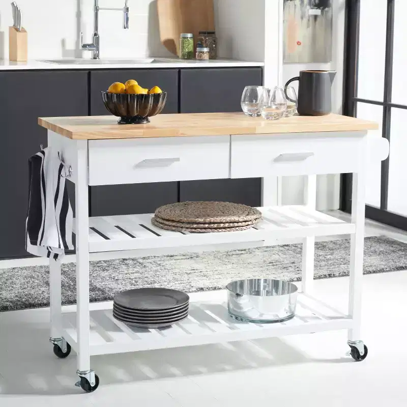 Kiko 2 Drawer 2 Shelf Kitchen Cart - KCH8704 - White/Natural - Safavieh