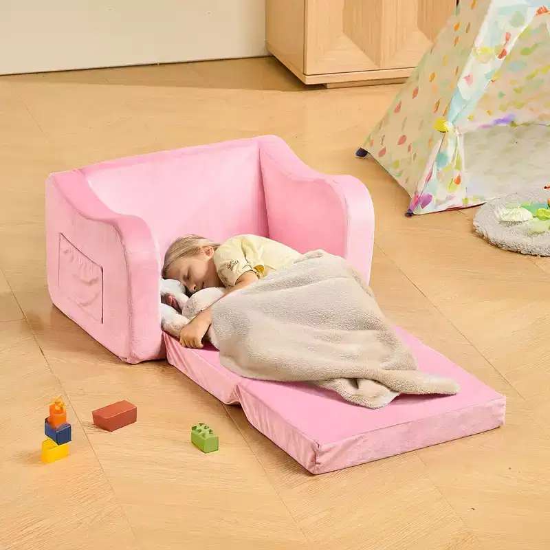 in 1 Kids Sofa Fold Out Toddler Couch Convertible Chair to Lounger with Armrests Pink