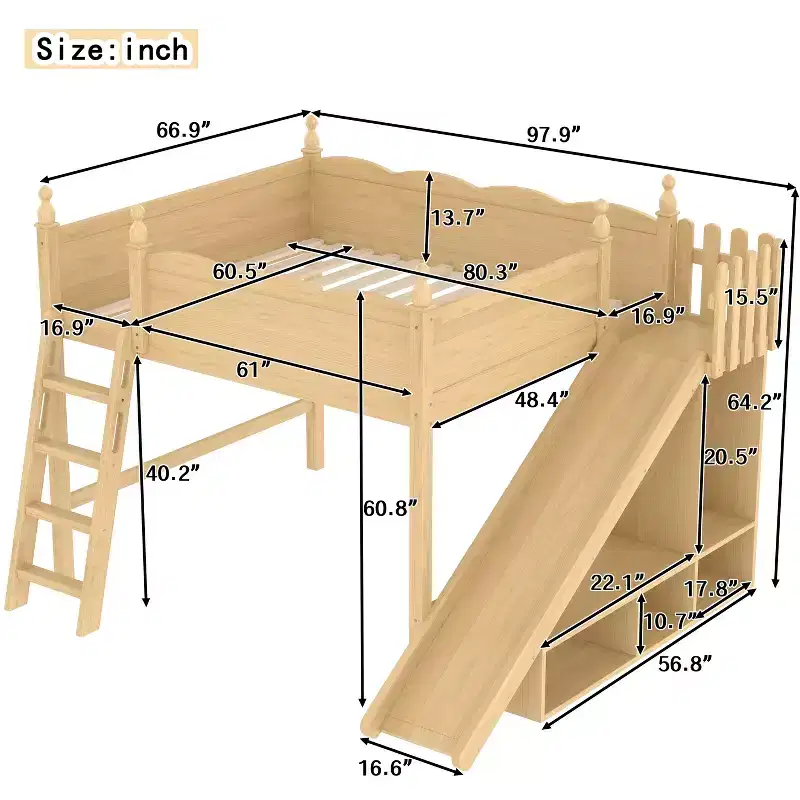 Bellemave Queen Loft Bed with Guardrail,Storage Shelves and Cabinet,Solid Wood Loft Bed Frame with Detachable Slide and Ladders for Kids,Natural