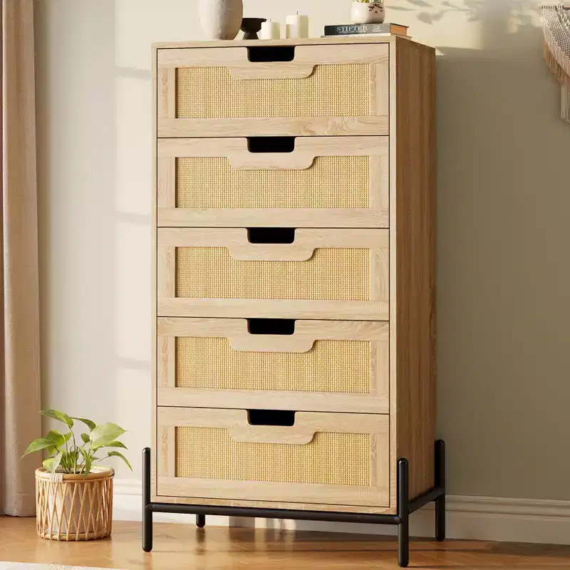 Natural Rattan 5 Drawer Dresser, Wooden Chest of Drawer, Farmhouse Storage Cabinet with Metal Legs, Modern Dresser