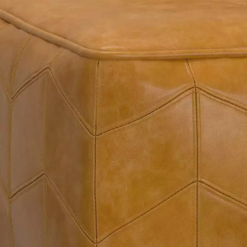 Square Pouf Brown: Chevron Genuine Leather, No Assembly, Padded Seating