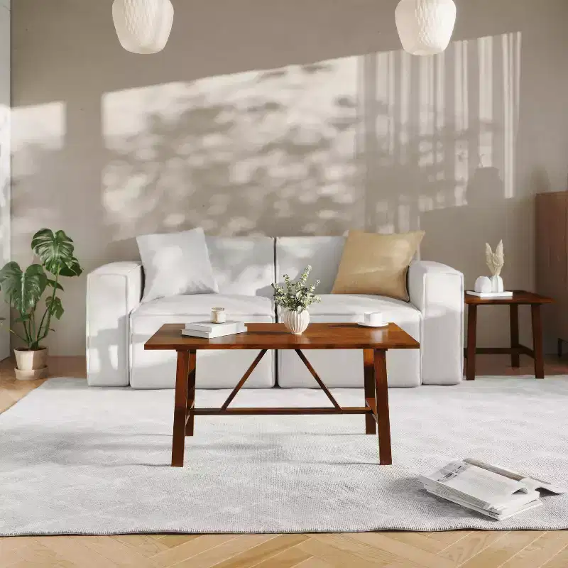 Solid Wood Farmhouse Coffee Table, Trestle Style Accent Table
