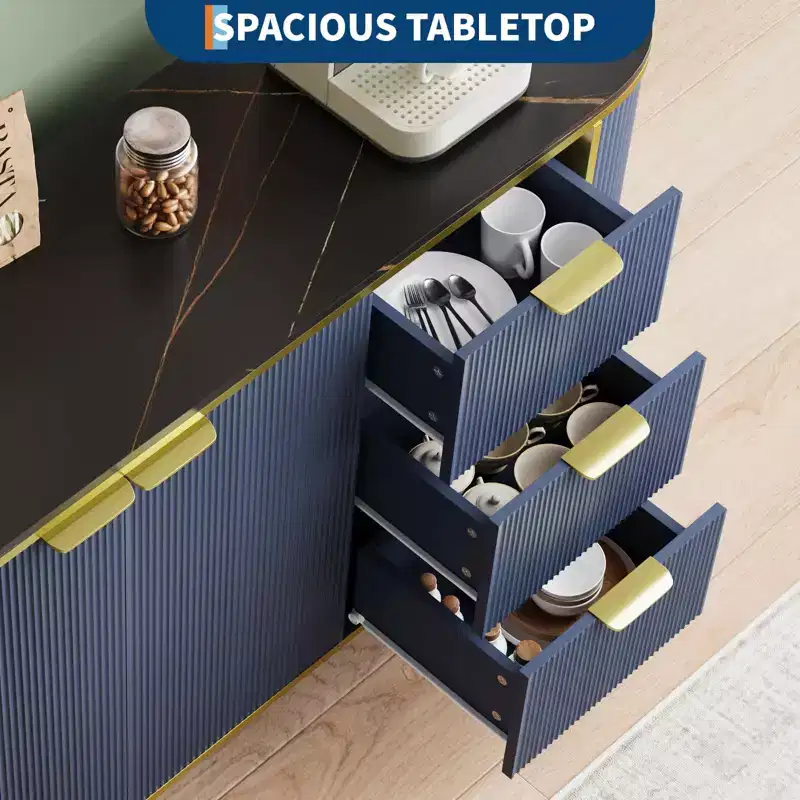 Sideboard Buffet Cabinet, 59in Modern Fluted Wood Console with 3 Drawers & Adjustable Shelf