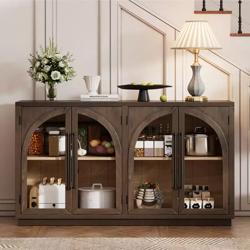 MAYEERTY 4 Doors Storage Sideboard Buffet Cabinet with Glass Doors Adjtstable Shelves for Living Room Kitchen Espresso