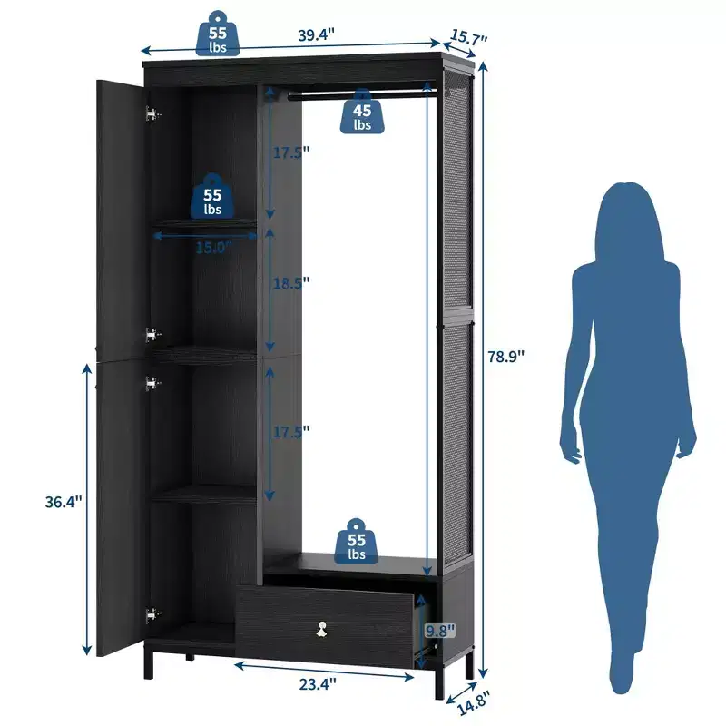 Large Wardrobe Closet with Shelves & Hanging Rail, 78.9 Metal Frame Armoire with Drawer, Open Hanging Space & Storage Compartment