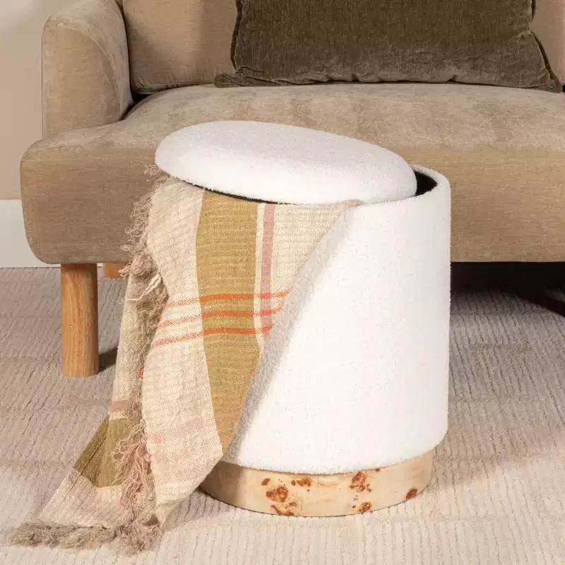 Round Boucle Upholstered Storage Stool with Removeable Lid, Cream