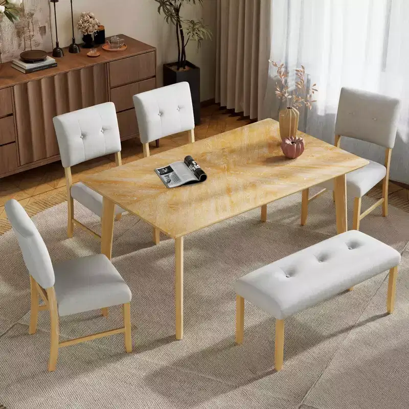 MAYEERTY 6-Piece Farmhouse Dining Set, Solid Wood Table, 4 Chairs & Bench, Natural Wood Wash