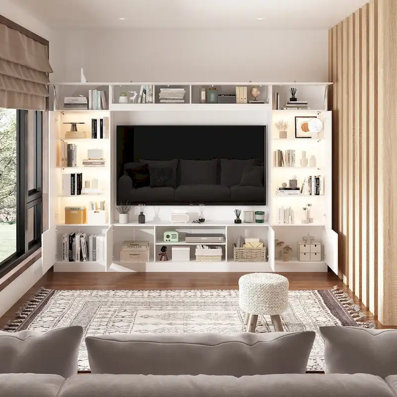 Versatile Wall Unit TV Stand LED Lighting - Accommodates TVs up to 75