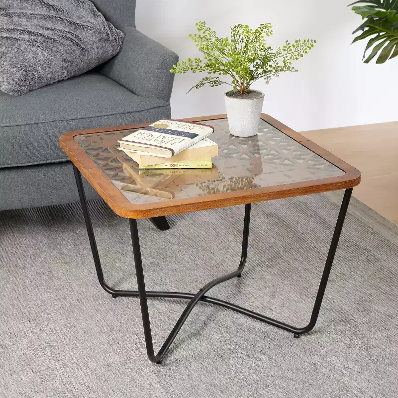 Tempered Glass Square Coffee Table 23''W x 23''D with Geometric Base