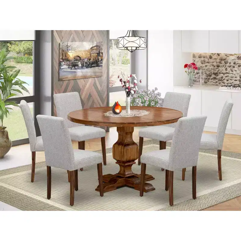 HomeStock 7 Piece Antique Walnut Round Pedestal Dining Set with 6 Linen Parson Chairs