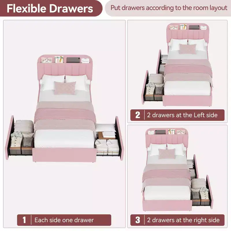 Struttura letto singolo con testiera, 2 cassetti flessibili e libreria per cameretta bambini, rosa