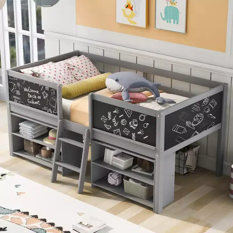 Whisen 78''L*39''W Twin Size Low Loft Bed with Two Movable Shelves and Ladder,with Decorative Guardrail Chalkboard