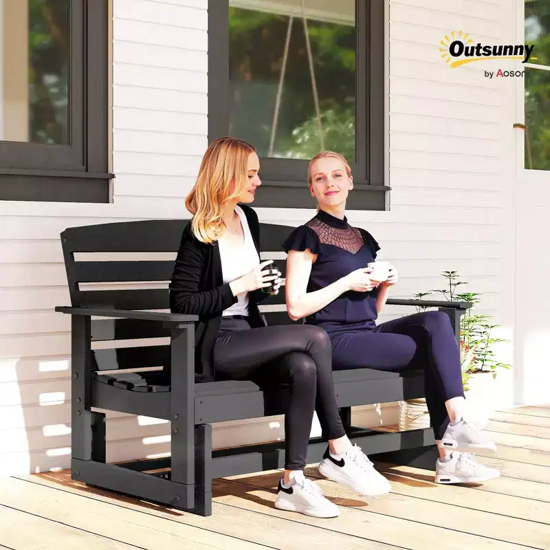 Outsunny 2-Person Outdoor Glider Bench Patio Double Swing Rocking Chair Loveseat w/ Slatted HDPE Frame for Backyard Garden Porch