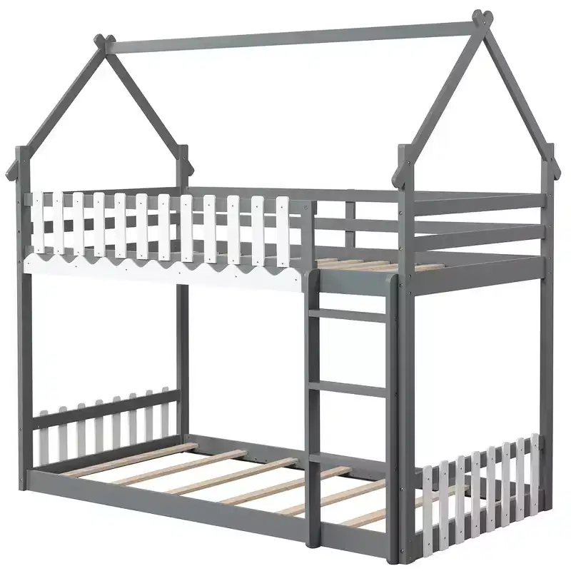 Costway Twin Over Twin Bunk Bed w/ Fence & Ladder Solid Wood Floor Bunk Bed for Kids Gray