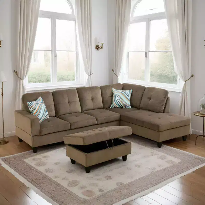 Brown Fabric Sectional Sofa with Chaise Lounge & Storage Ottoman C Modern Comfort & Style