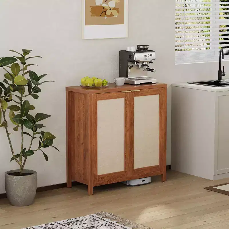 Freestanding Rattan Storage Cabinet with Adjustable Shelves, Modern Sideboard for Living Room and Dining Room