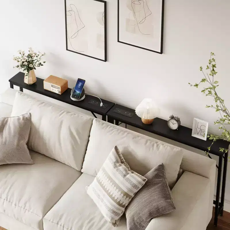 5.9 Narrow Sofa Table with Outlets, Skinny Console Table with Storage, Slim Behind Couch Table for Living Room, Entryway, Hallway, Foyer - Black