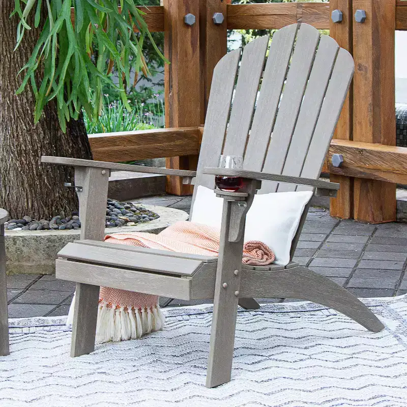 Sonoma Lane Channing Teak Outdoor Adirondack Chair Weathered Gray with Cup Holder – Weather-Resistant