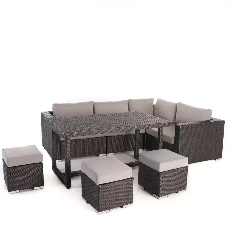 GDFStudio Avianna Outdoor Wicker 7 Seater Sofa Dining Set with Ottomans and Cushions
