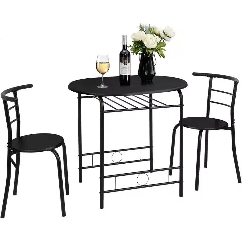 VINGLI 3 Piece Dining Set for 2,Kitchen Wooden Table and 2 Chairs for Small Space,Metal Frame,Wine Rack,Black