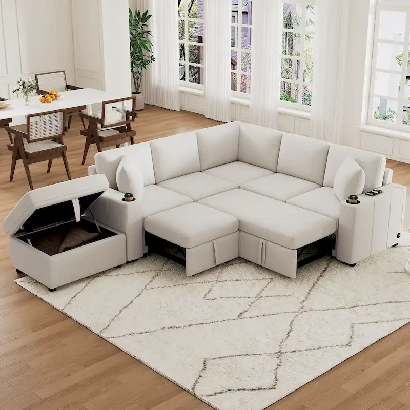 84.7 Chenille Sleeper Sectional Sofa with Storage & USB Ports
