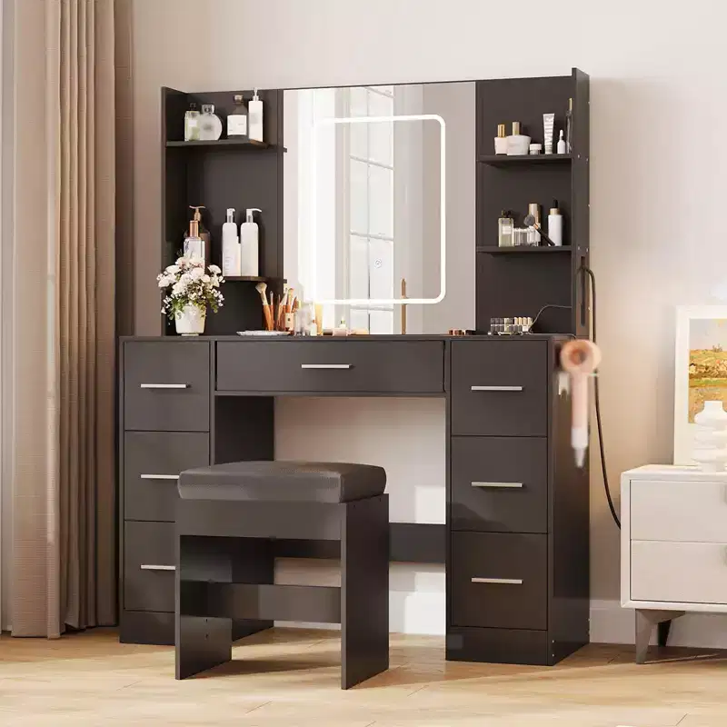 COZONY Vanity Desk with Lights, Mirror & Chair - Makeup Vanity Table with 7 Drawers, 6 Shelves & Adjustable Lighting