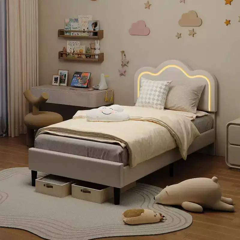 Twin Upholstered Smart LED Bed Frame with Adjustable Hills Headboard, PU Leather Platform for Kids, Beige