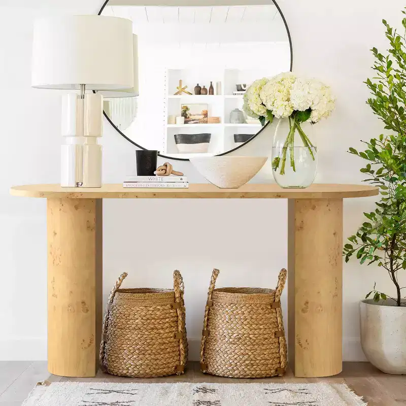 Modern 60'' Oval Entryway Console Table with Burlwood Wood Grain and Semi-Circle Legs