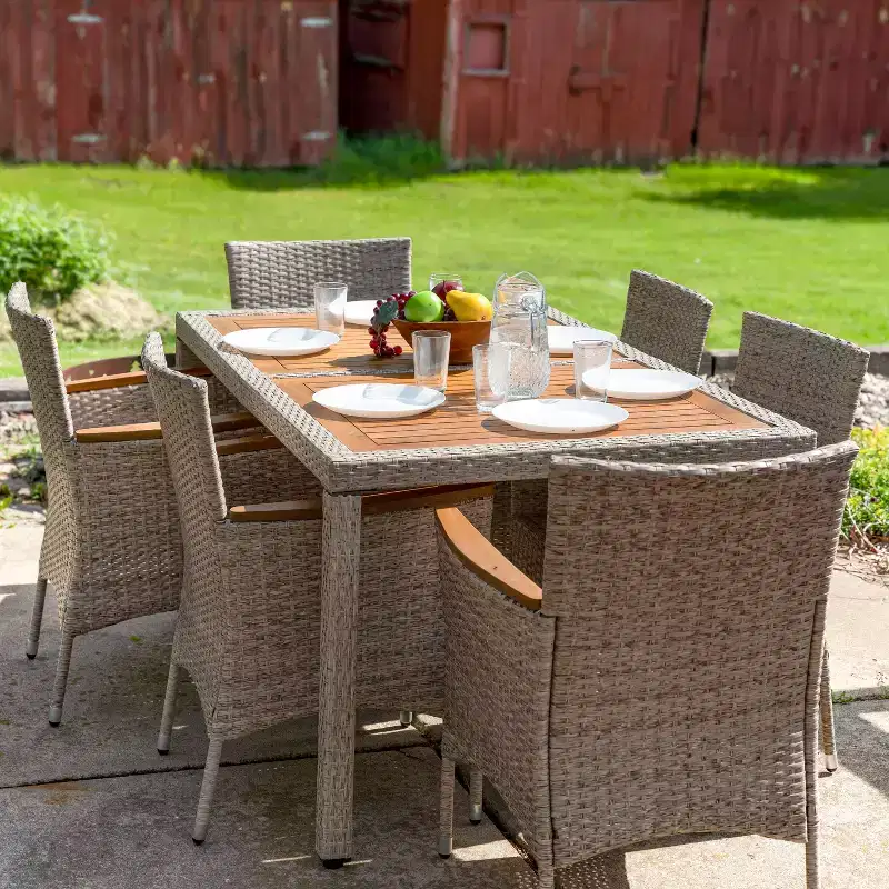 Sunnydaze Outdoor Rattan and Acacia Wood Foxford Patio Dining Set with Table, Chairs, and Seat Cushions - Gray - 7pc