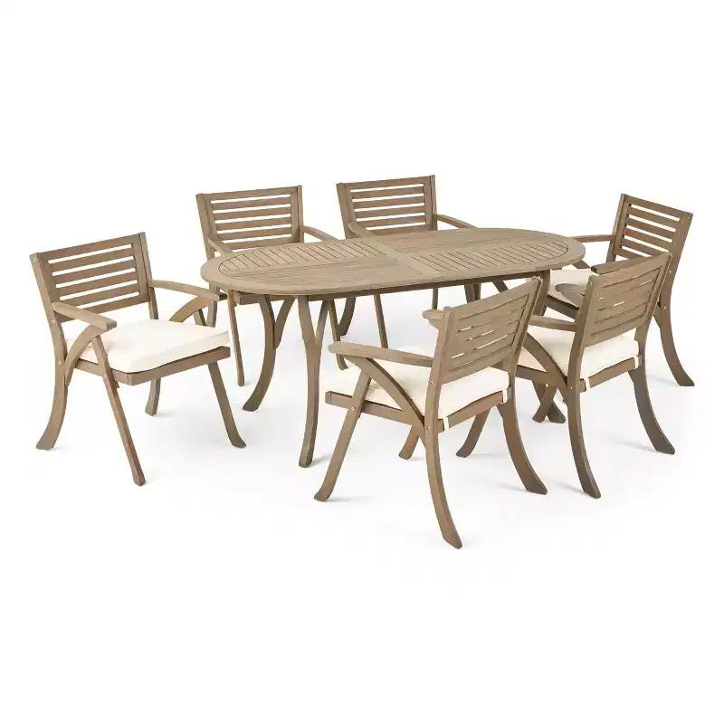GDFStudio Zhana Outdoor Acacia Wood 7 Piece Dining Set with Cushion