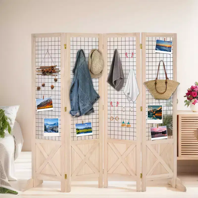 Natural Wood 4-Panel Folding Room Divider with Feet, 5ft