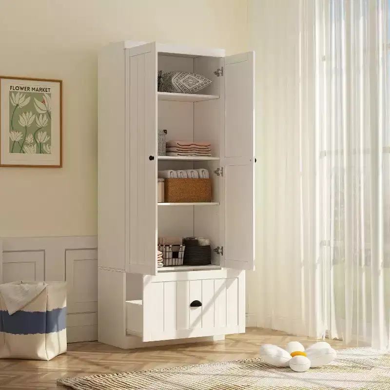 Famapy Freestanding Wardrobe with Adjustable Shelves & Bottom Drawer,Armoire Closet Clothing Organizer,Bedroom/Entryway Storage Cabinet