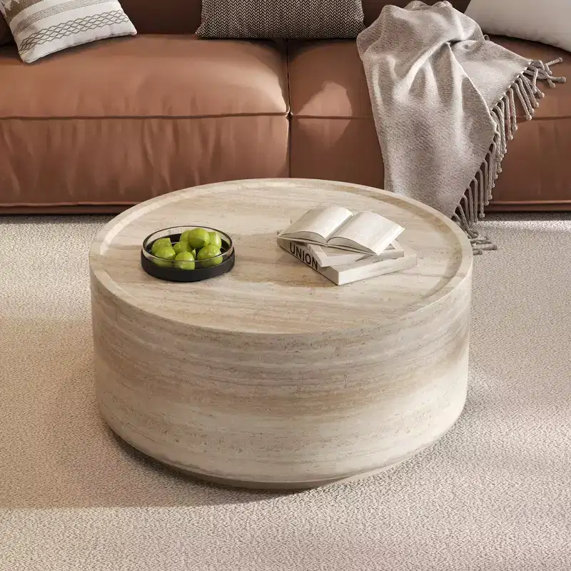 Round Coffee Table Cocktail Table Drum Center Table Sofa Side Table Accent Table with Mars Pattern, No Assembly Needed - ModernLuxe