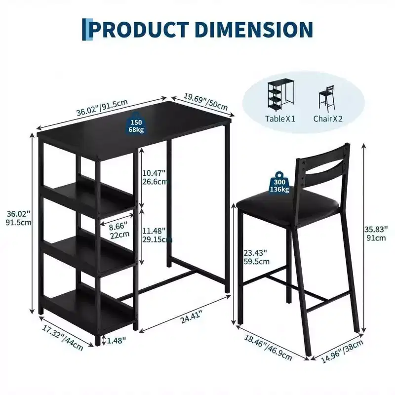 3-Piece Bar Table Set with 2 Storage Shelves, Space Saving Kitchen Dining Set with PU Leather Chairs