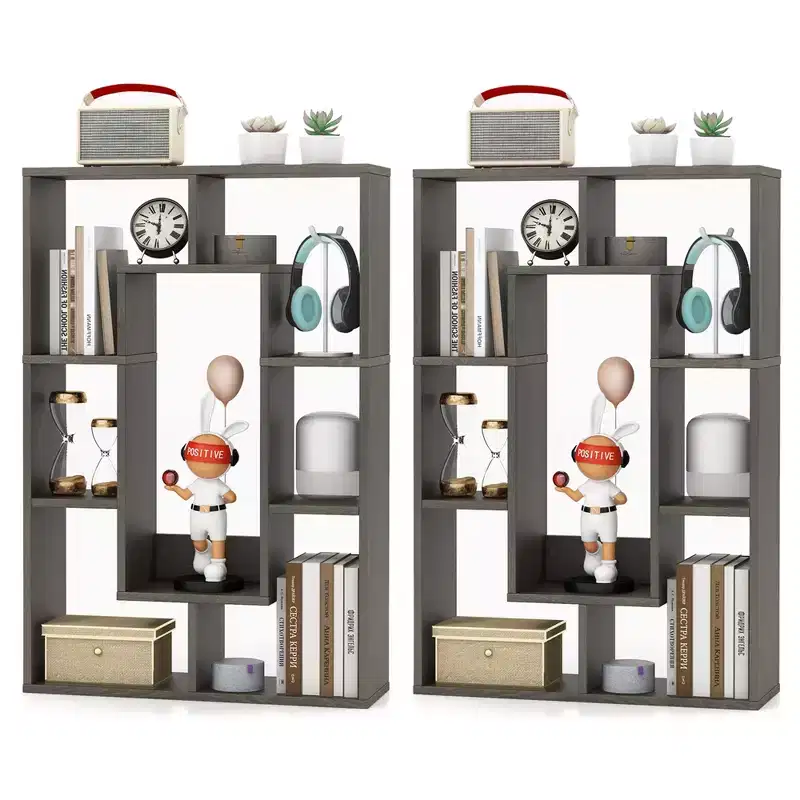 Costway 2 PCS 7-Cube Geometric Bookshelf with Anti-Toppling Device Modern Open Bookcase White/Grey/Natural