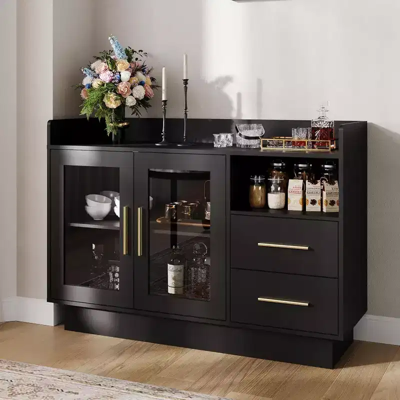 Wine Cabinet, Coffee Bar Station with Double Glass Doors, Black Liquor Storage Cabinet for Kitchen Living Room