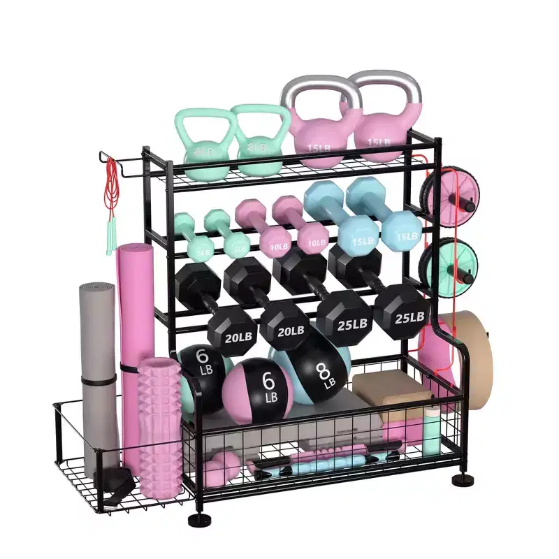 Compact 4-Tier Fitness Equipment Rack: Holds Dumbbells, Yoga Mats & More, Heavy-Duty Up to 22lbs, 18.4x15.55x10 Storage Organizer for Home Gyms