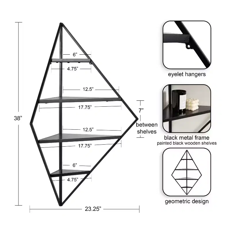 Metal & Wood Corner Wall Shelf, 4 Tiers – 38