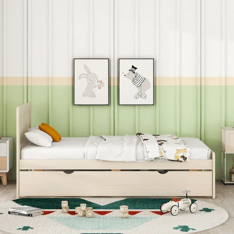White Solid Wood Twin Platform Bed Frame with Trundle and Modern Wood Headboard