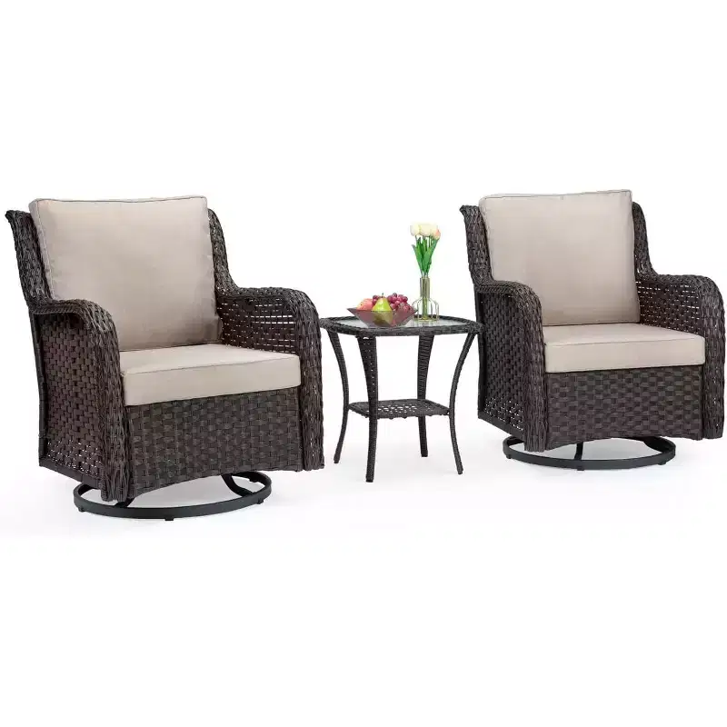 3 Pieces Elegant Patio Bistro Set, Outdoor Swivel Rocking Wicker Chairs with Premium Cushions, Side Table with Tempered Glass Top for Backyard