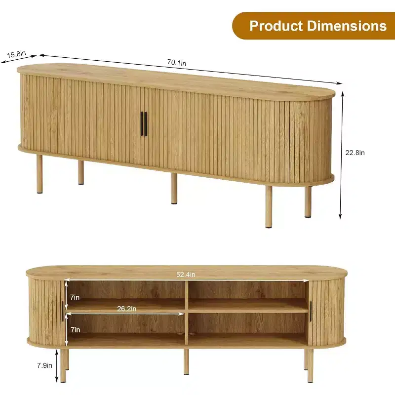 70 TV Stand with Sliding Doors and Storage For 80 Inch TVs, Wooden Media Console , Modern Entertainment Center for Living Room