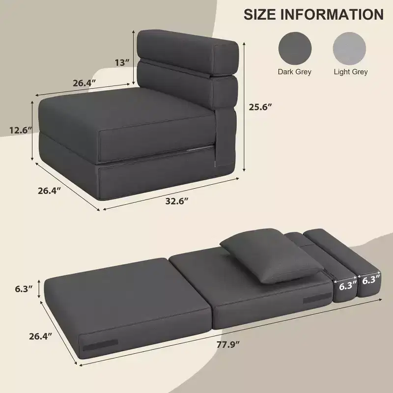 Floor Chair 2-in-1 Folding Bed with Decorative Cushion Sleeping Chair with Bed Function