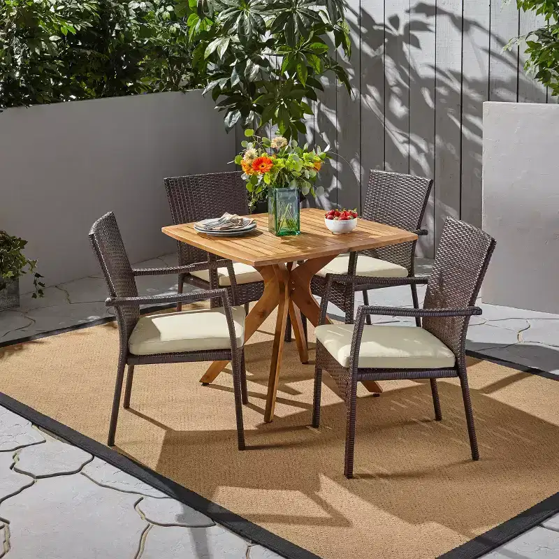 Christopher Knight Home Didicas Outdoor Acacia Wood and Wicker 5 Piece Dining Set with Cushion, Teak/Multibrown